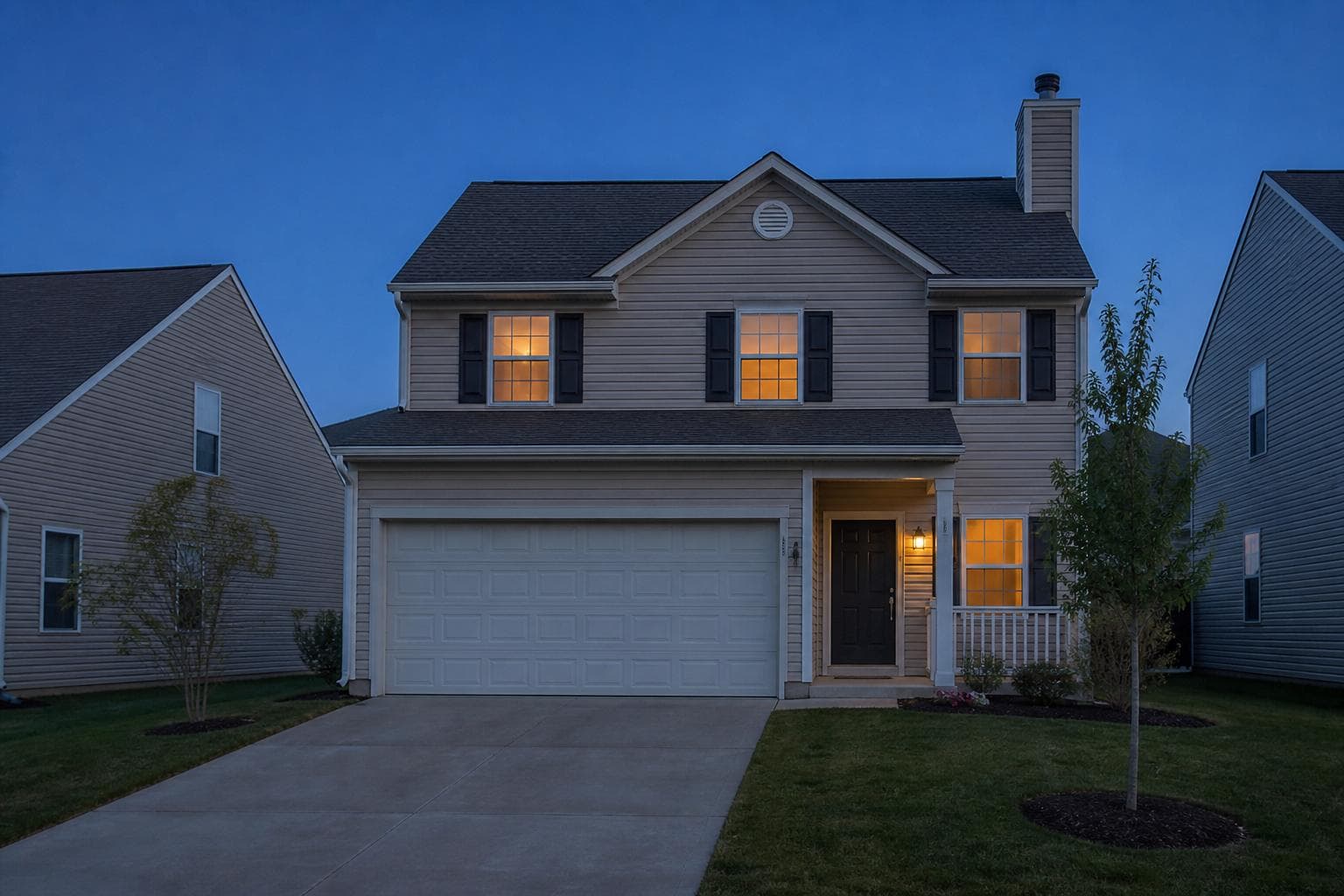 Newer two-story suburban house at dusk with a dark pitched shingle roof and a two-car garage