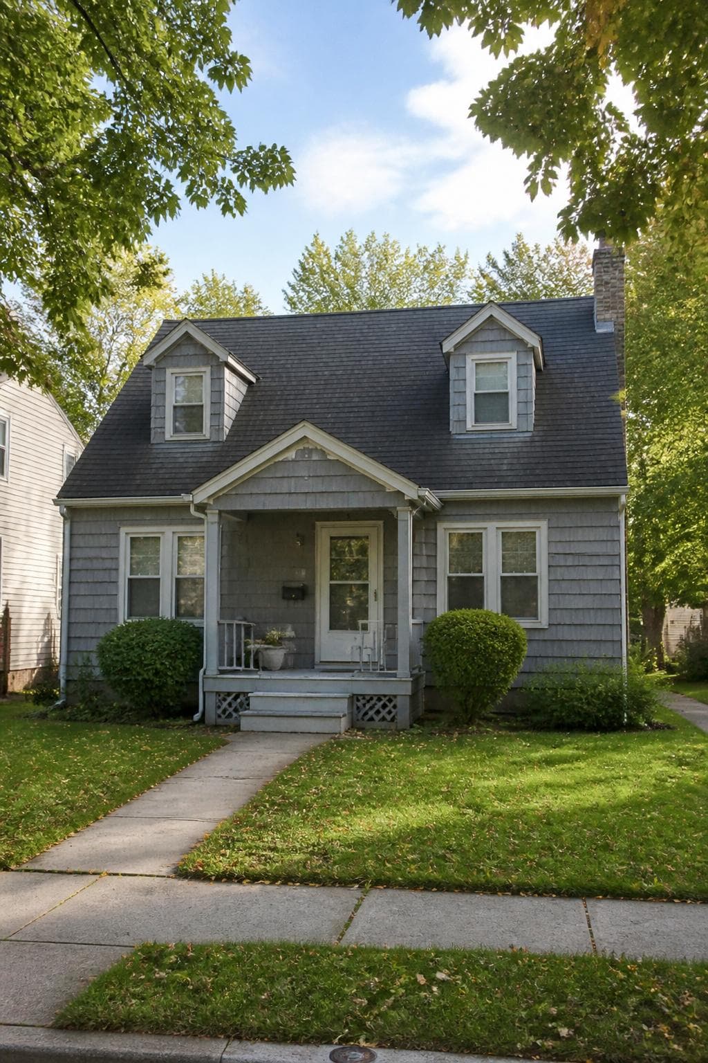 Older craftsman bungalow with a dark shingle roof, front porch, and established neighborhood trees