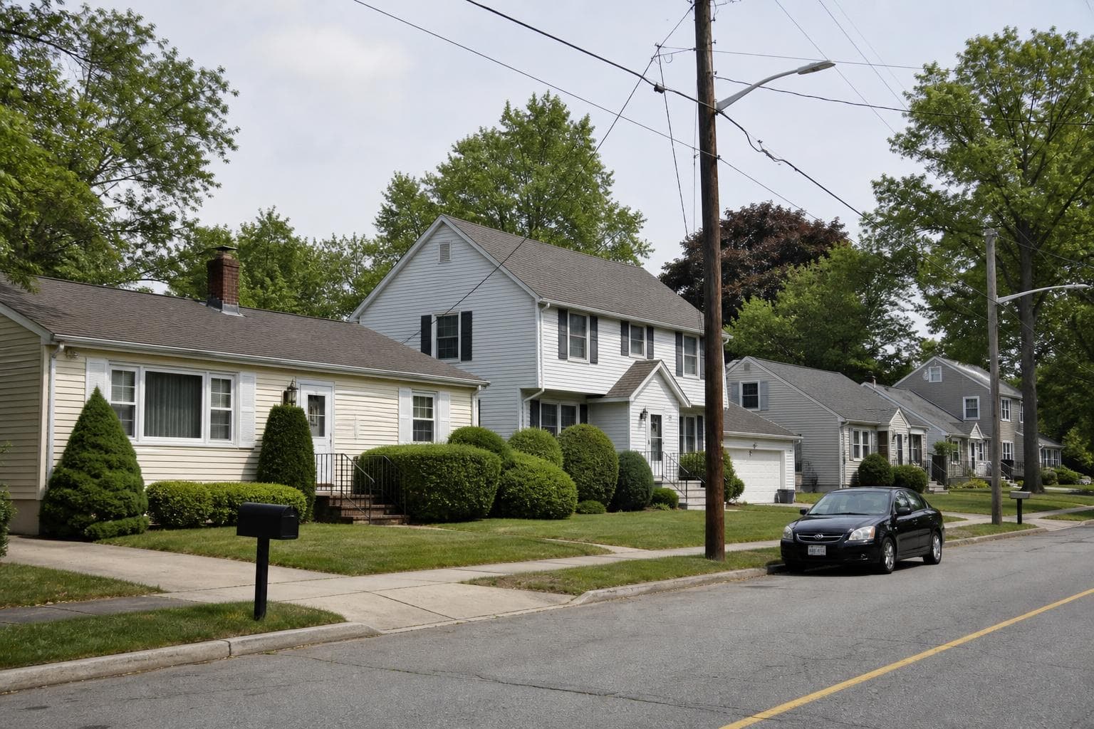Quiet suburban street of regular single-family houses with pitched shingle roofs